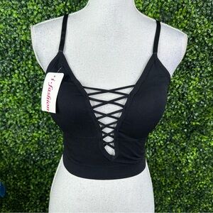 NWT boutique Black Lace-Up Crop Top  one size